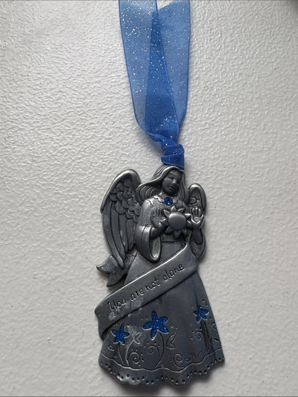 Vintage Silver Angel Ornament with Blue Ribbon and Glitter Accents